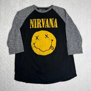 Nirvana Unisex XL Smiley Face Raglan T-Shirt 3/4 Sleeve Yellow Gray Cotton